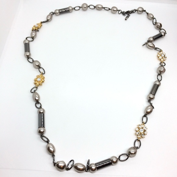 LIA SOPHIA LONG NECKLACE WITH GOLD RHINESTONE PEARL STATIONS GUNMETAL 36” LONG - Picture 12 of 12